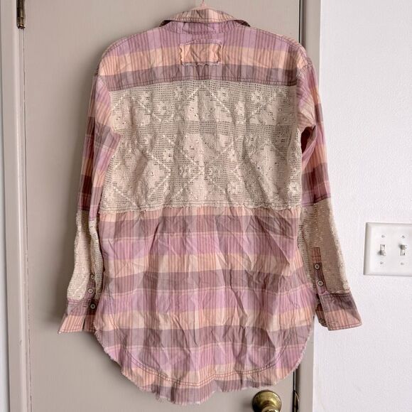 Free People We the Free Double Cross Lace Pink Plaid Top - Picture 4 of 7